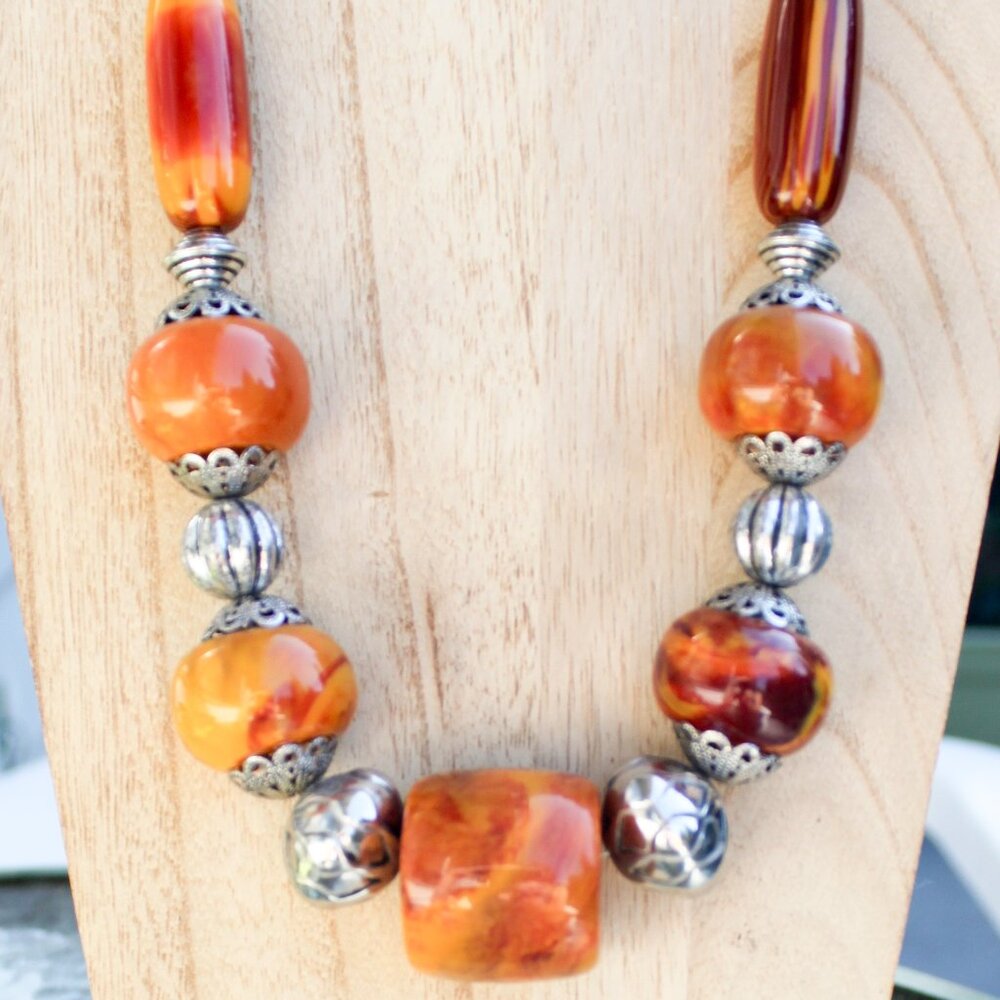 Chico's Bold Chunky Beaded Statement Necklace Autumn Colors Silver Tone
